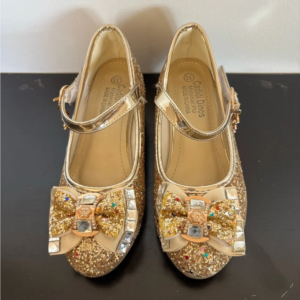 Cadidi Dinos Formal Dress Shoes Mary Jane Heels Girls 33EU 1.5-2US Gold Princess